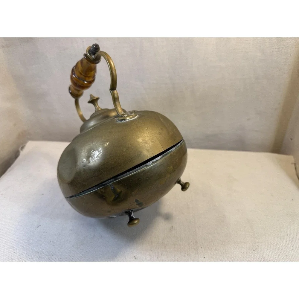 Antique‎ Brass Teapot with Amber Handle, Footed Round Kettle, Vintage